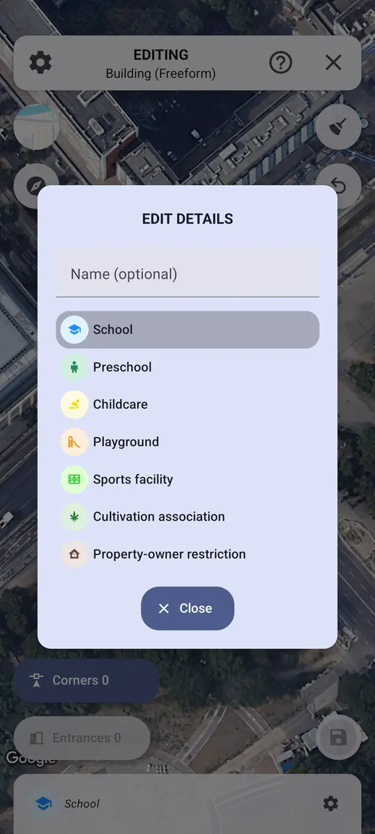 Verbotszonen App: zone type picker when adding a no-consumption zone – from school and playground to Hausrecht